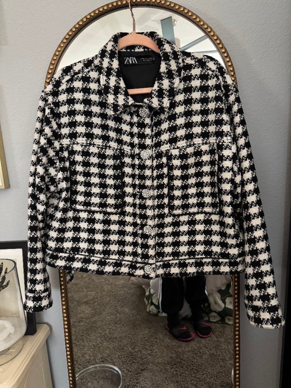 Zara Tweed Blazer Crystal Buttons Bouclé Black White Chanel Style XL